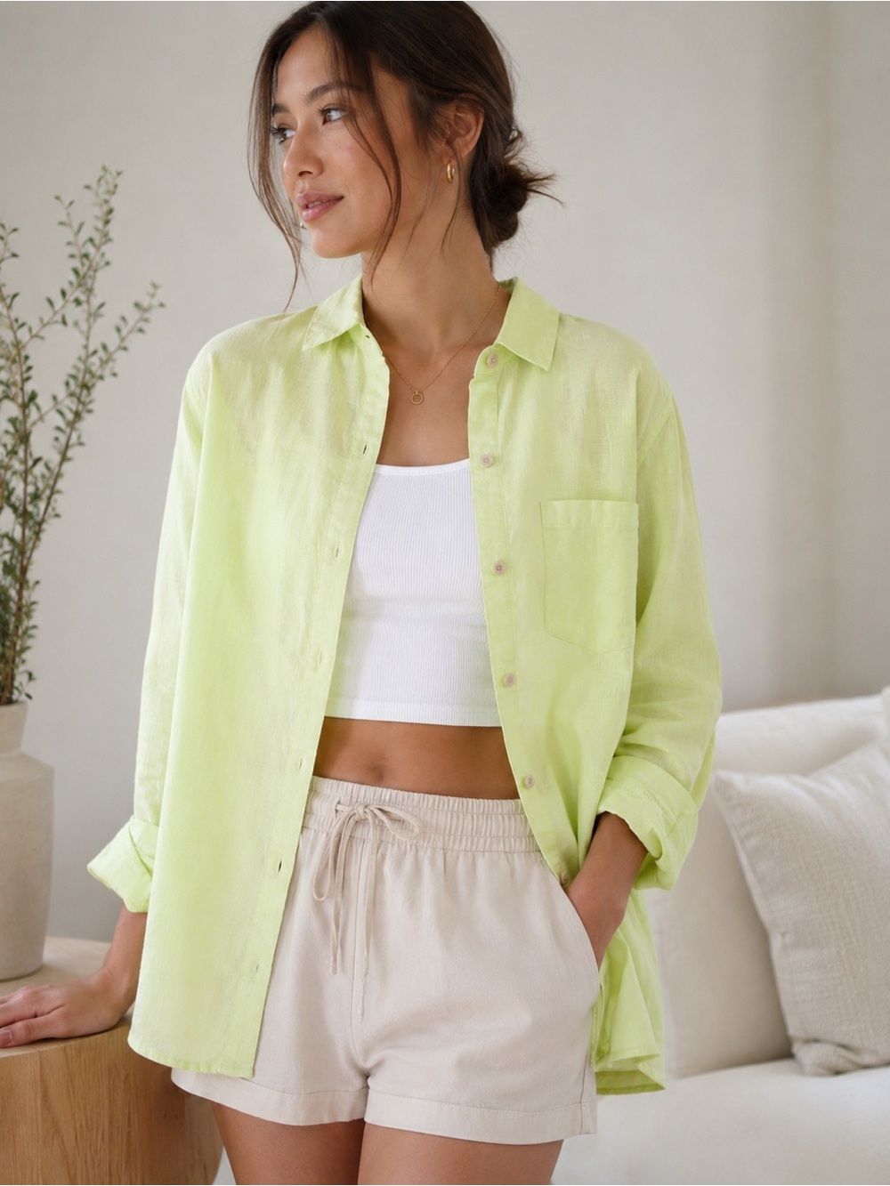 Athleta Linen Shirt XS Light Green Button Down Long Sleeve